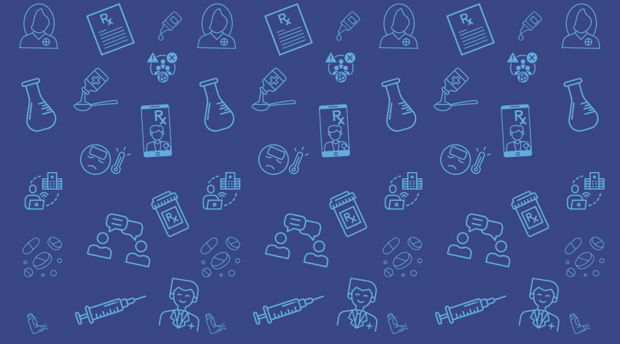 Navy background with light blue scattered outlines of pharmacists, beakers, pills and pill bottles, syringes, cell phone, eye drops, inhaler, prescription, receiving Rx from a medical building, etc