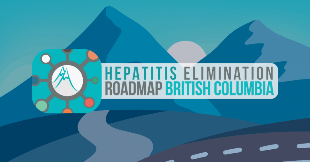 Hepatitis Elimination Roadmap British Columbia logo on top of 2 mountains with rising sun between and a road bottom right